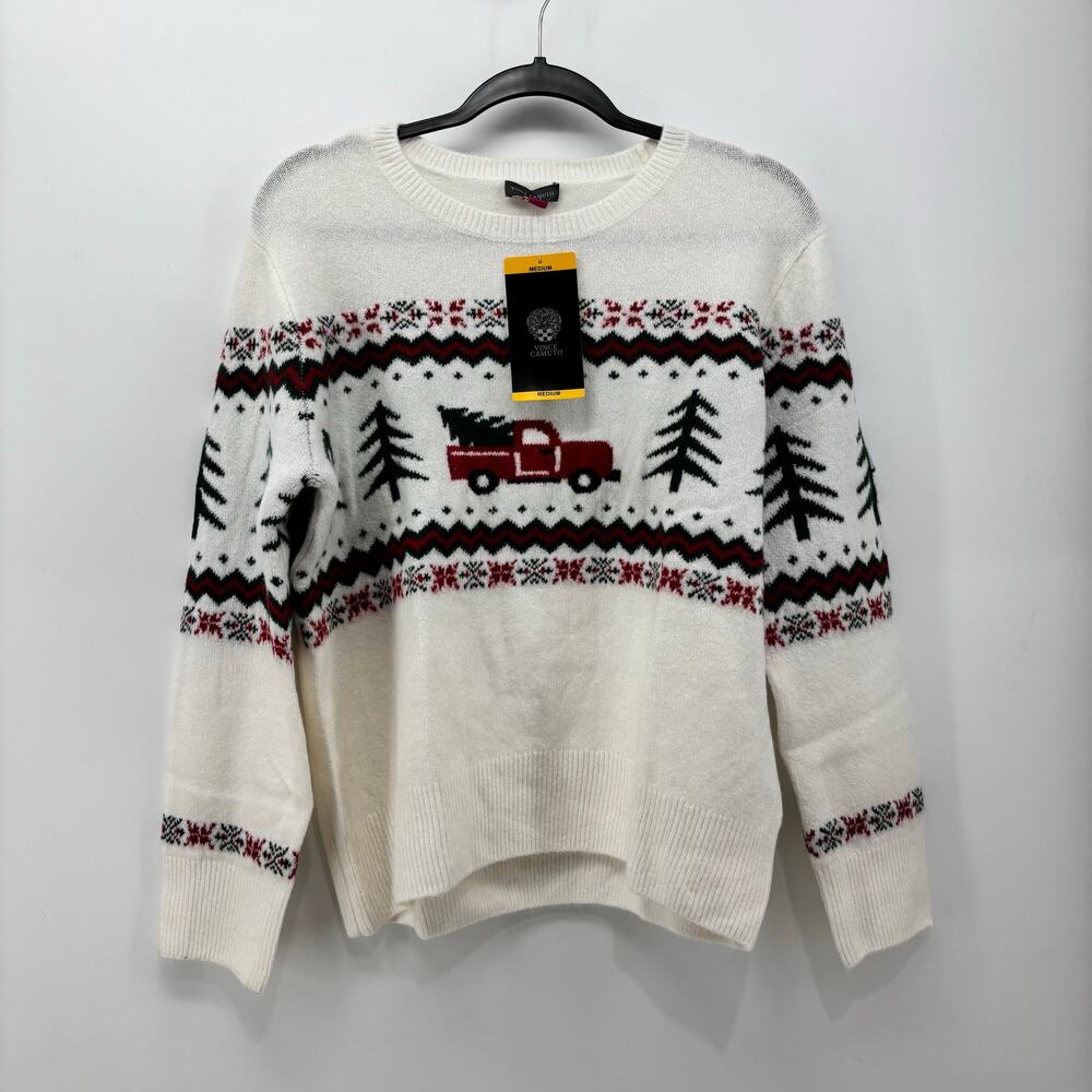 Vince Camuto Womens Medium Christmas Sweater Cream Farm Truck Red